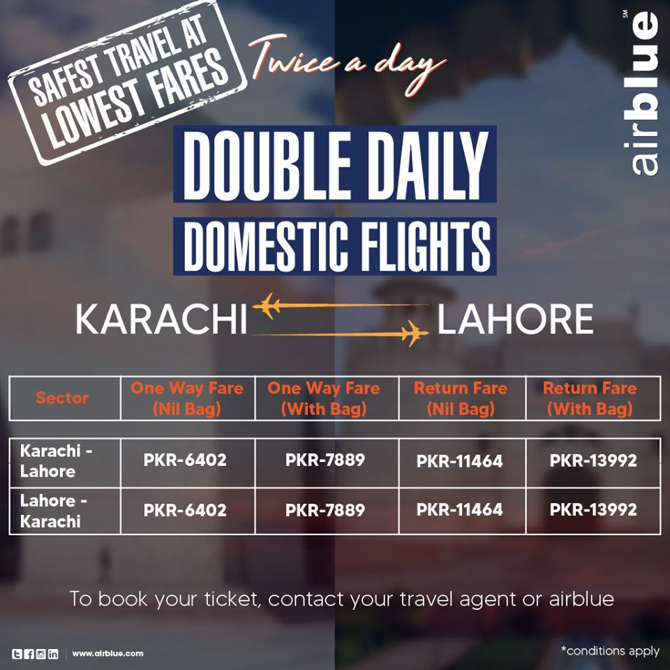 FLY SMART with SMART FARES ✨ Fly between Lahore and Karachi with airblue as we offer Domestic One way fares as low as PKR-6402