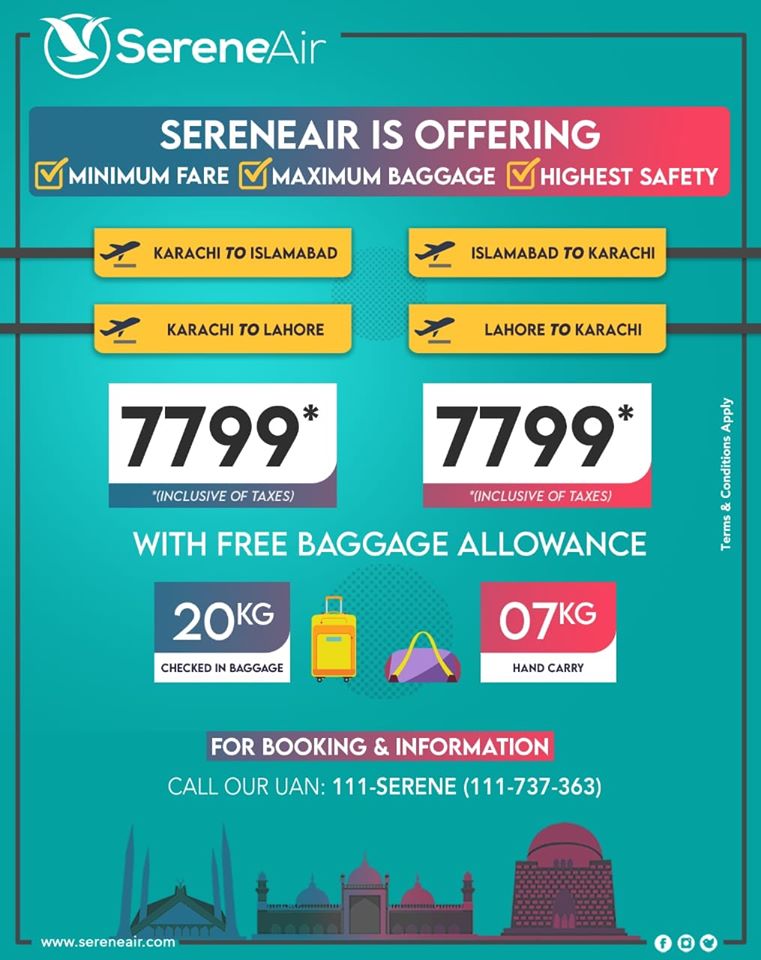Forced to choose between less fare and baggage? With #SereneAir, you can have both! Carry up to 20 KG checked-in baggage FREE and avail our lowest fares. #Karachi #Islamabad #Lahore